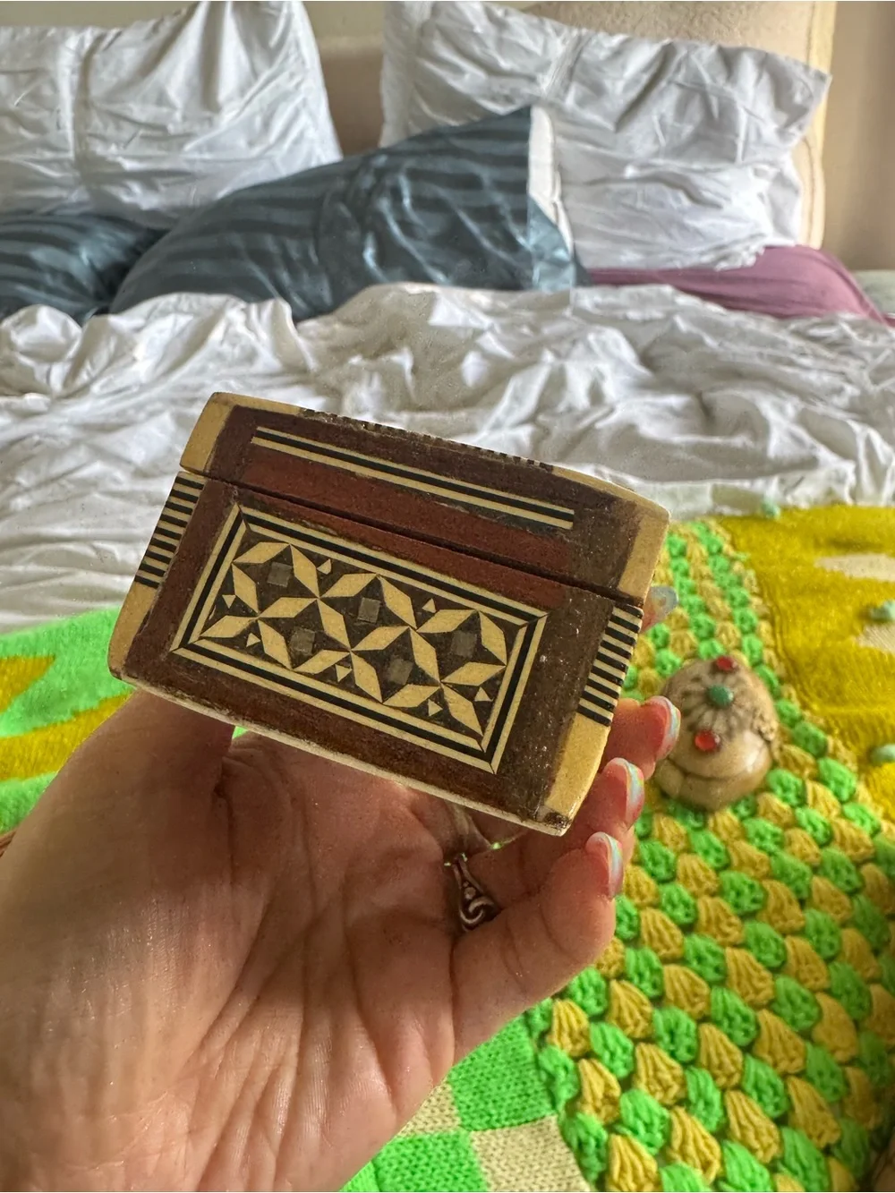 Vintage Wood and bone Trinket Box with Mother of Pearl Inlay